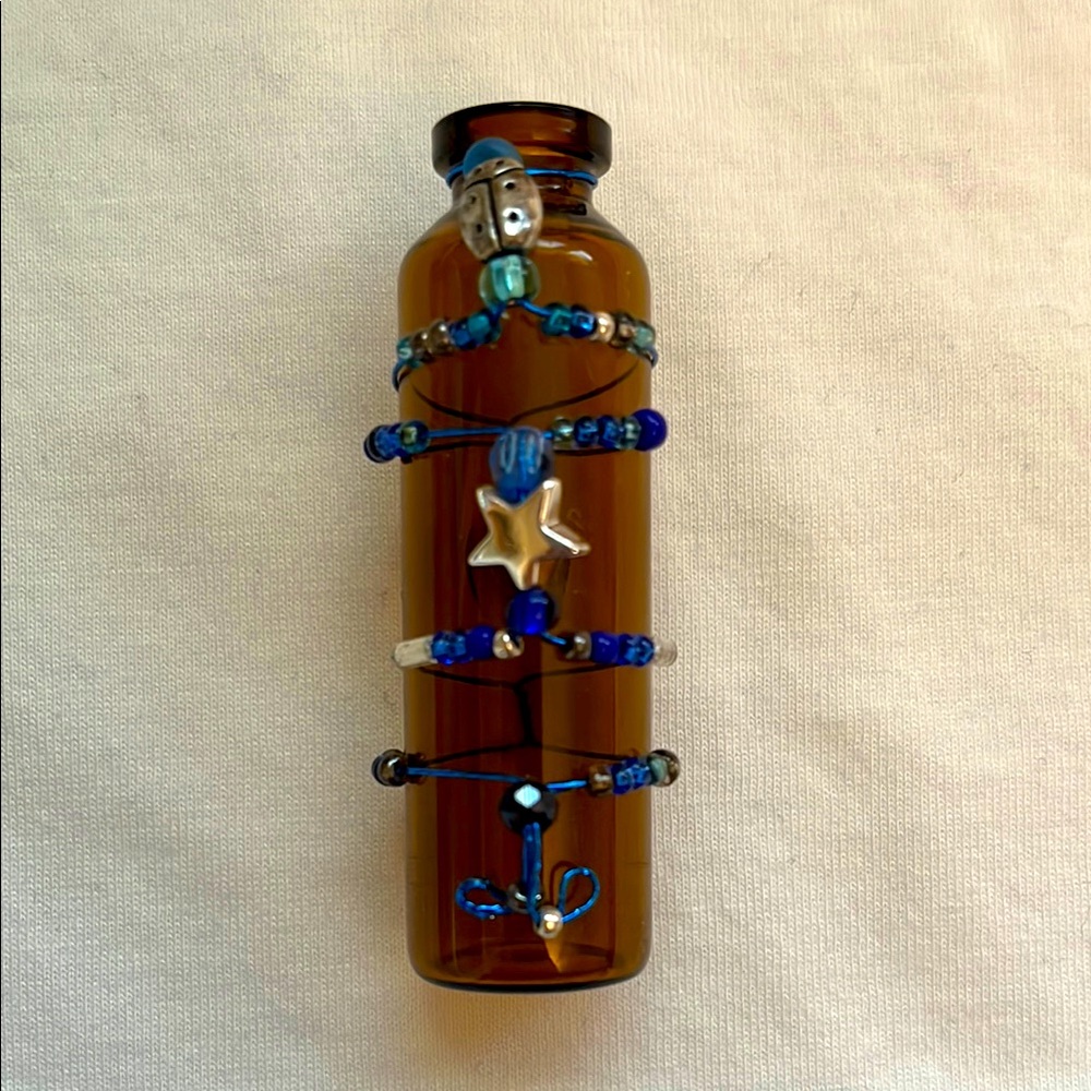 Brown Glass Vase with Blue Beaded Wrap